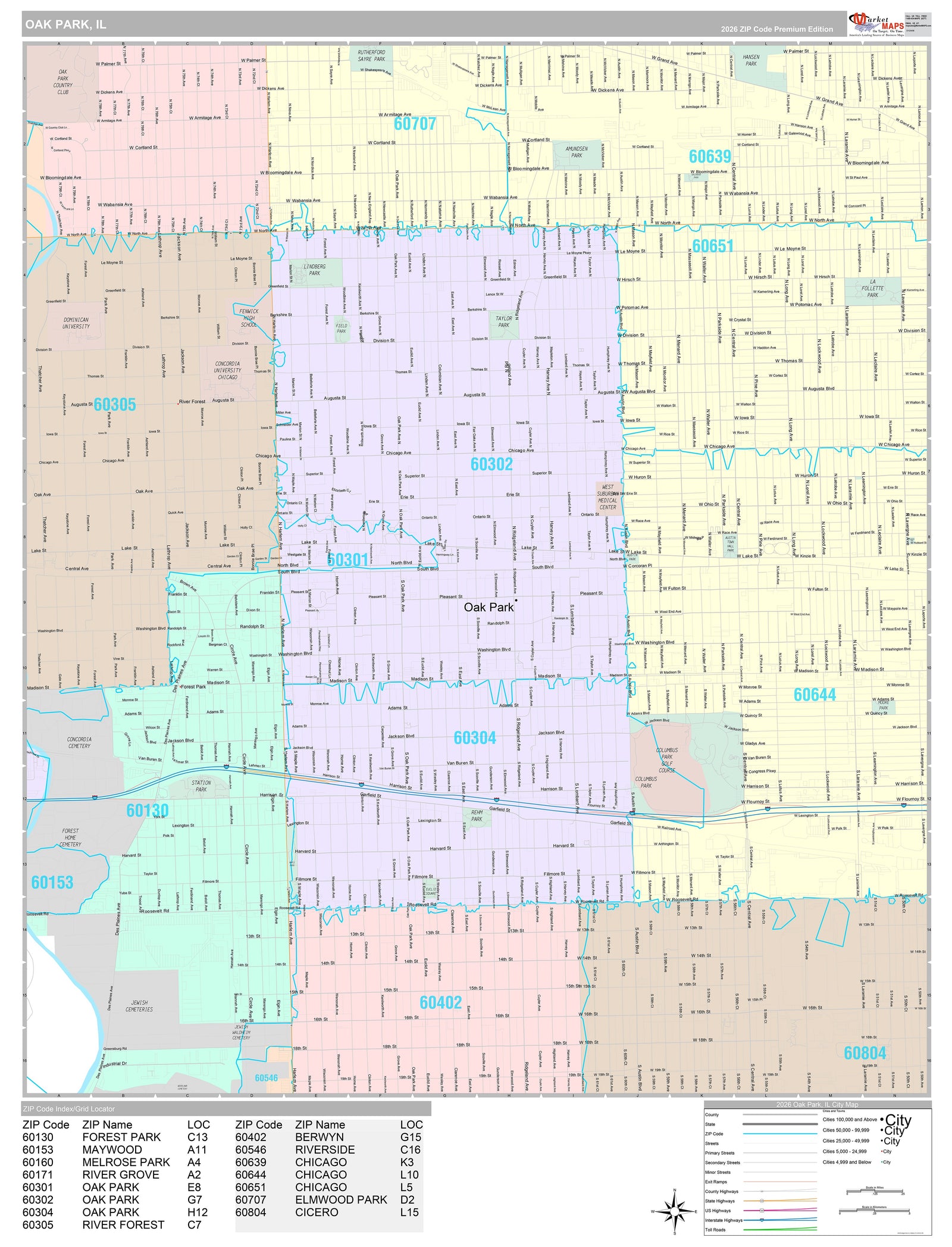 Premium Style Wall Map of Oak Park, IL