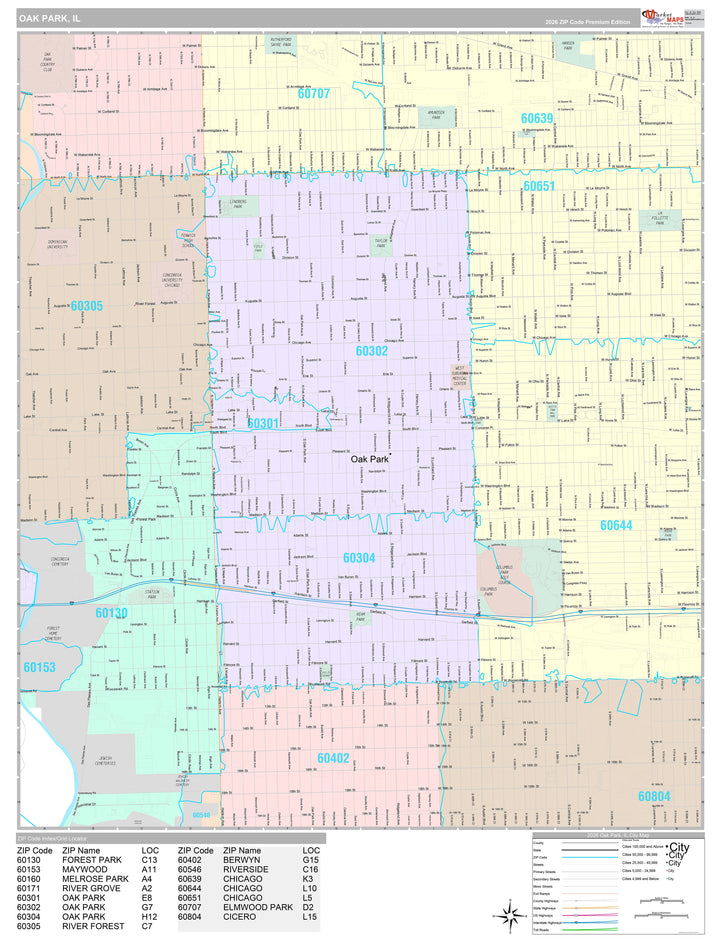 Premium Style Wall Map of Oak Park, IL