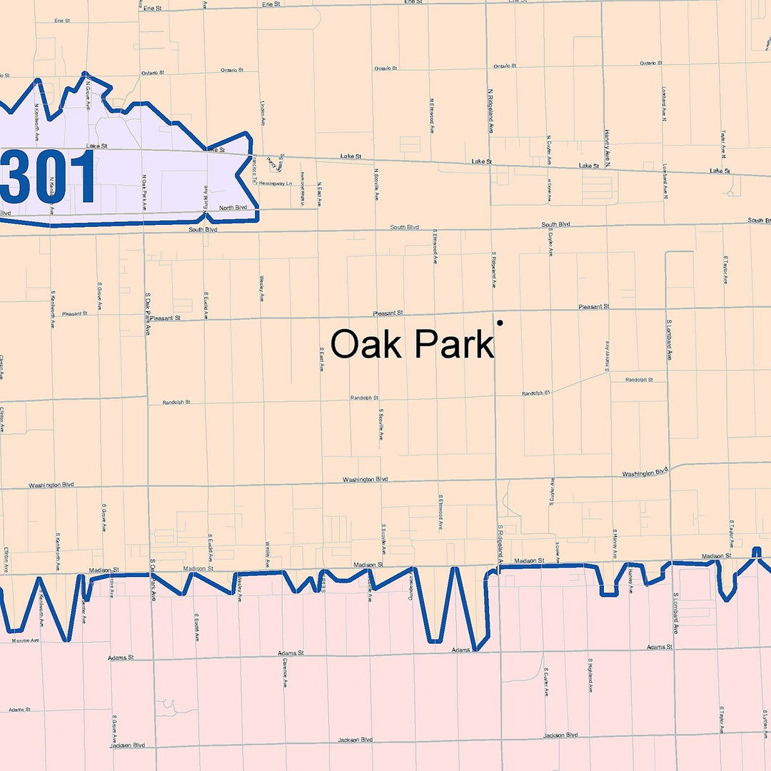 Color Cast Zip Code Style Wall Map of Oak Park, IL