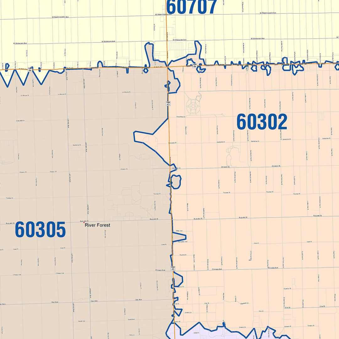 Color Cast Zip Code Style Wall Map of Oak Park, IL