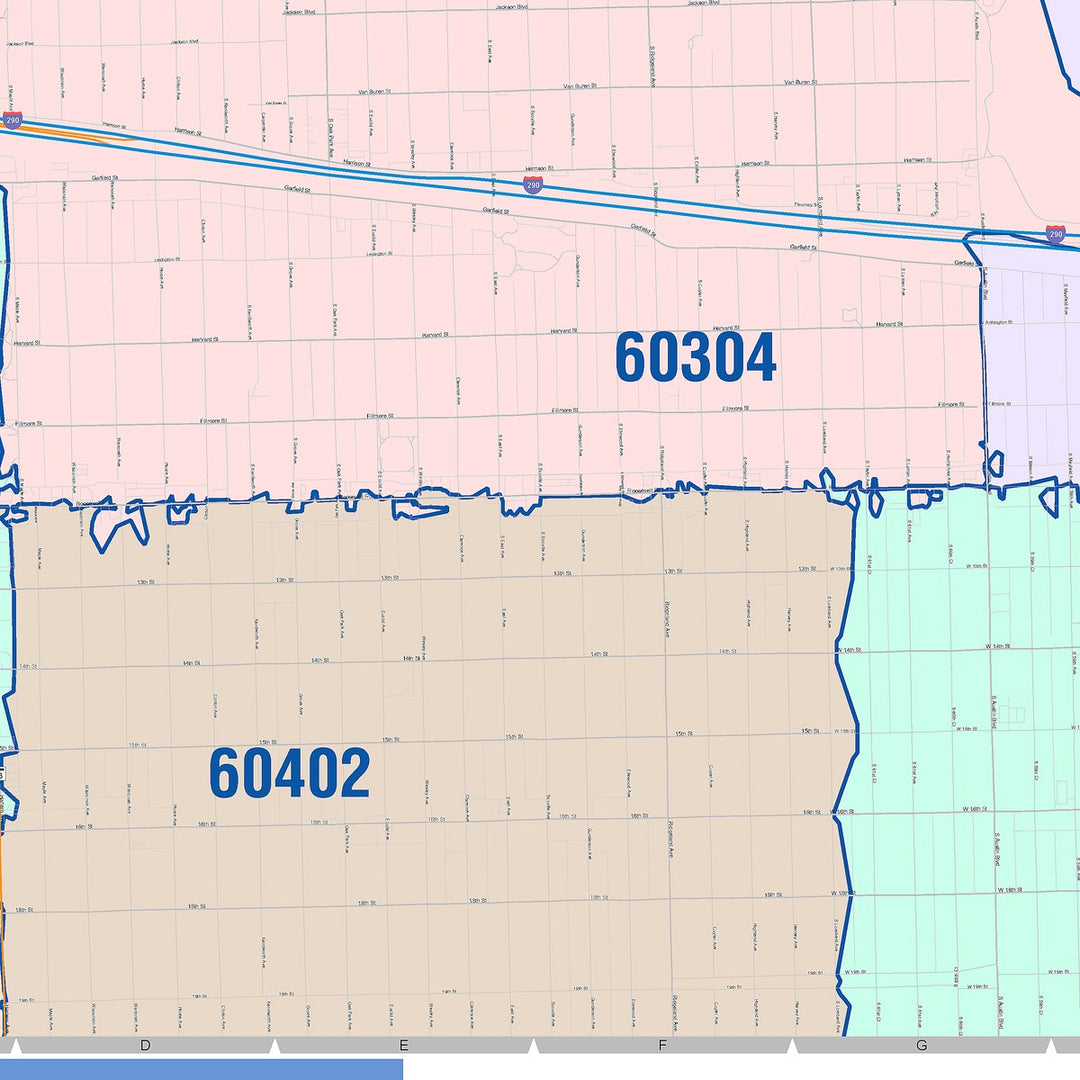 Color Cast Zip Code Style Wall Map of Oak Park, IL