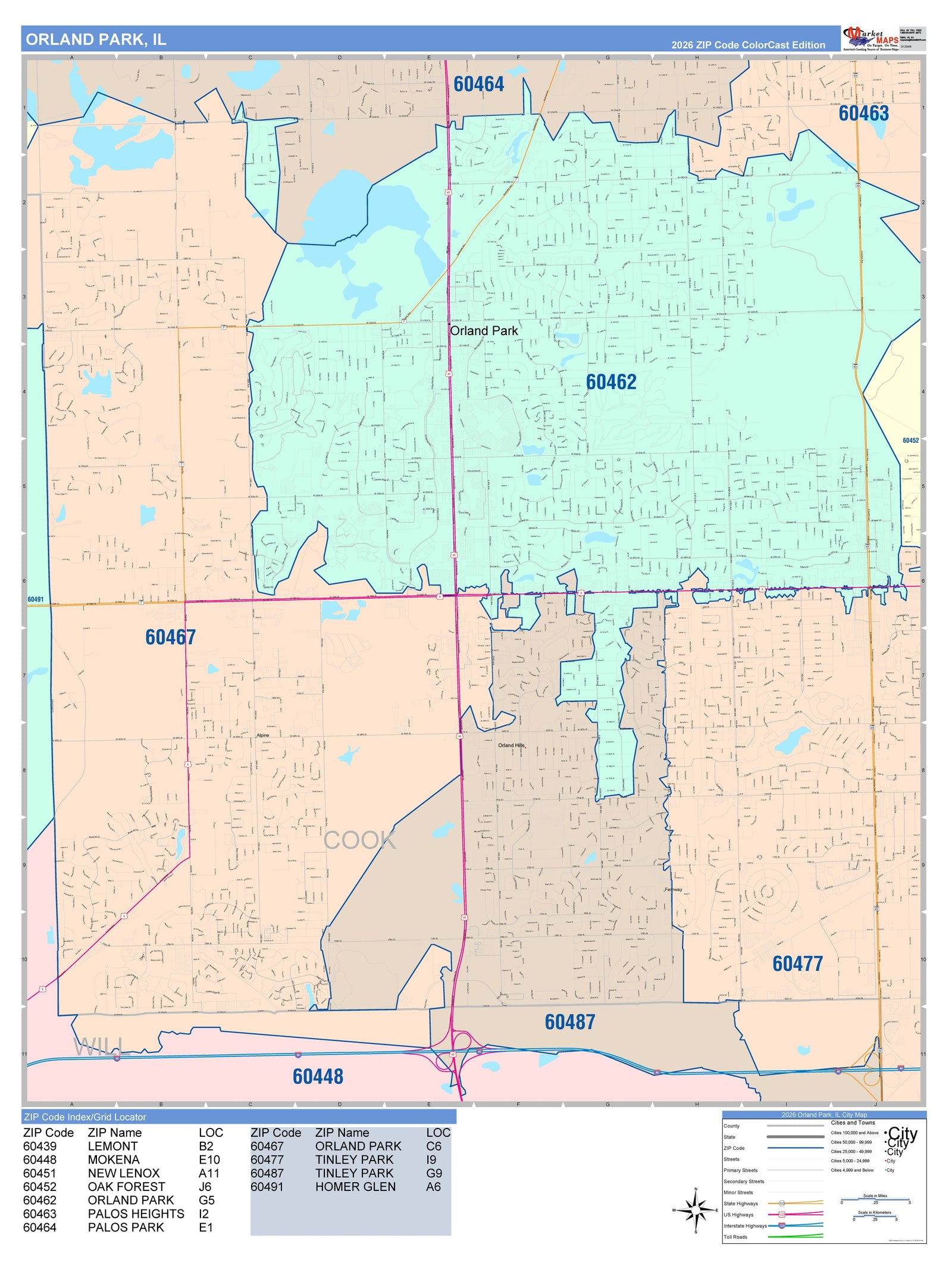 Color Cast Zip Code Style Wall Map of Orland Park, IL