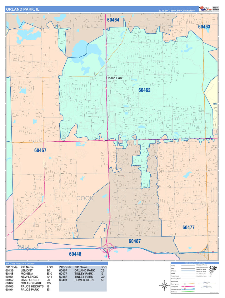 Color Cast Zip Code Style Wall Map of Orland Park, IL