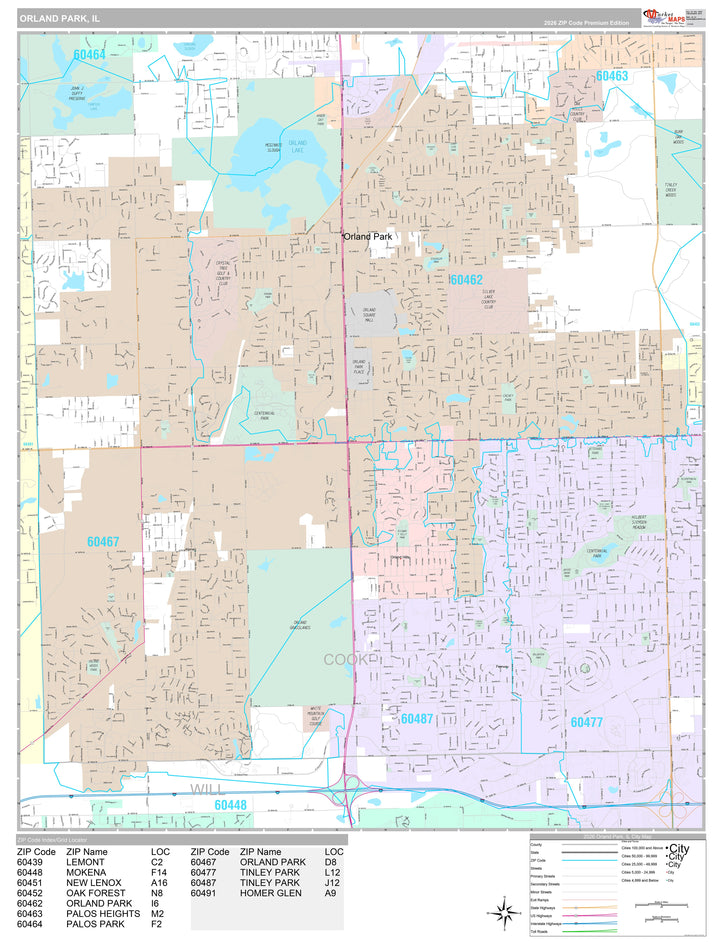 Premium Style Wall Map of Orlando Park, IL