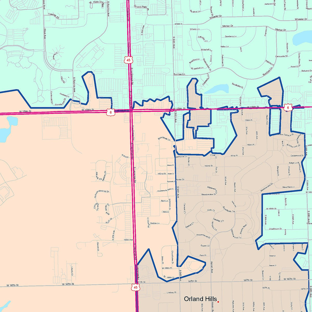 Color Cast Zip Code Style Wall Map of Orland Park, IL