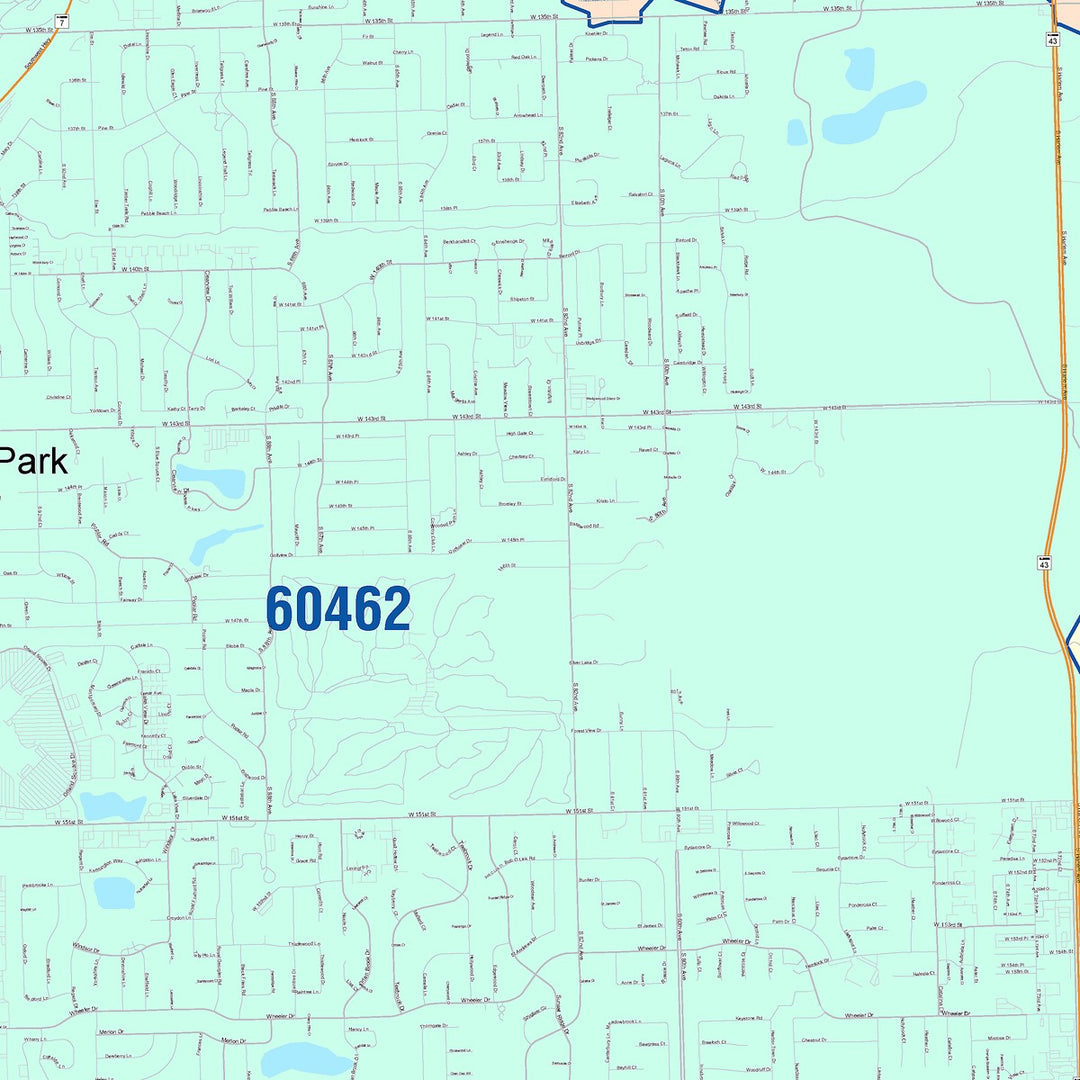 Color Cast Zip Code Style Wall Map of Orland Park, IL