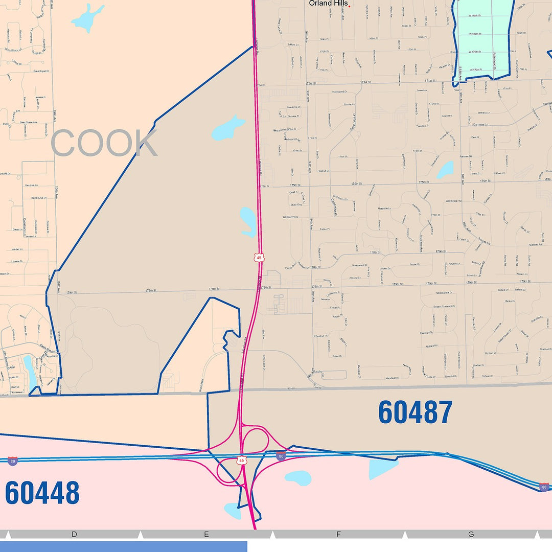Color Cast Zip Code Style Wall Map of Orland Park, IL