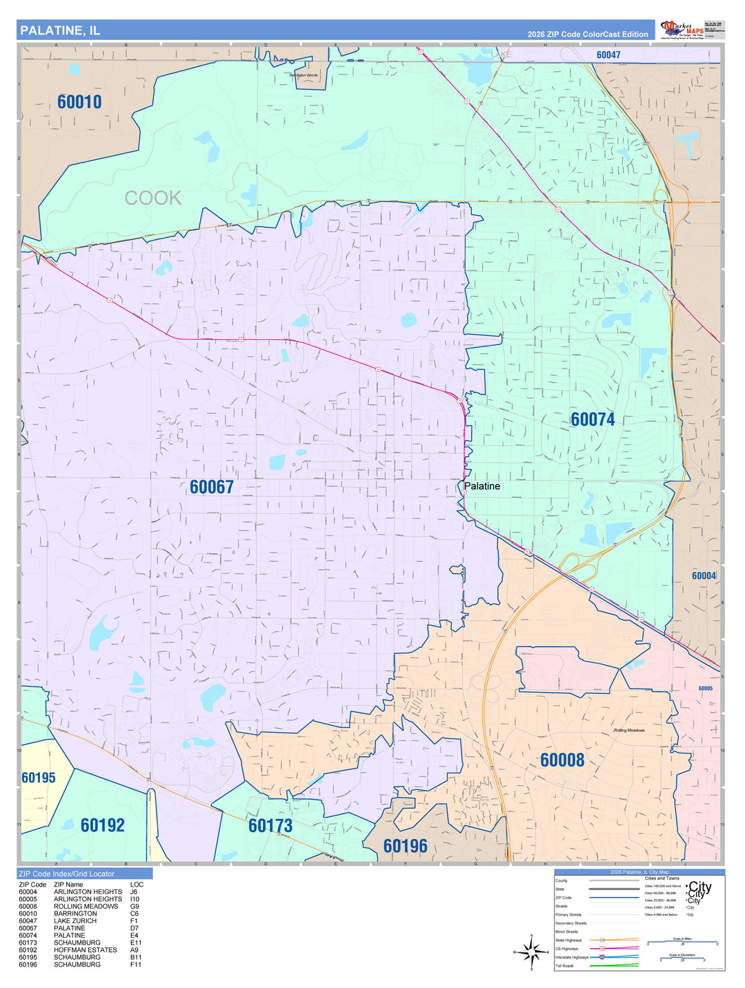 Color Cast Zip Code Style Wall Map of Palatine, IL