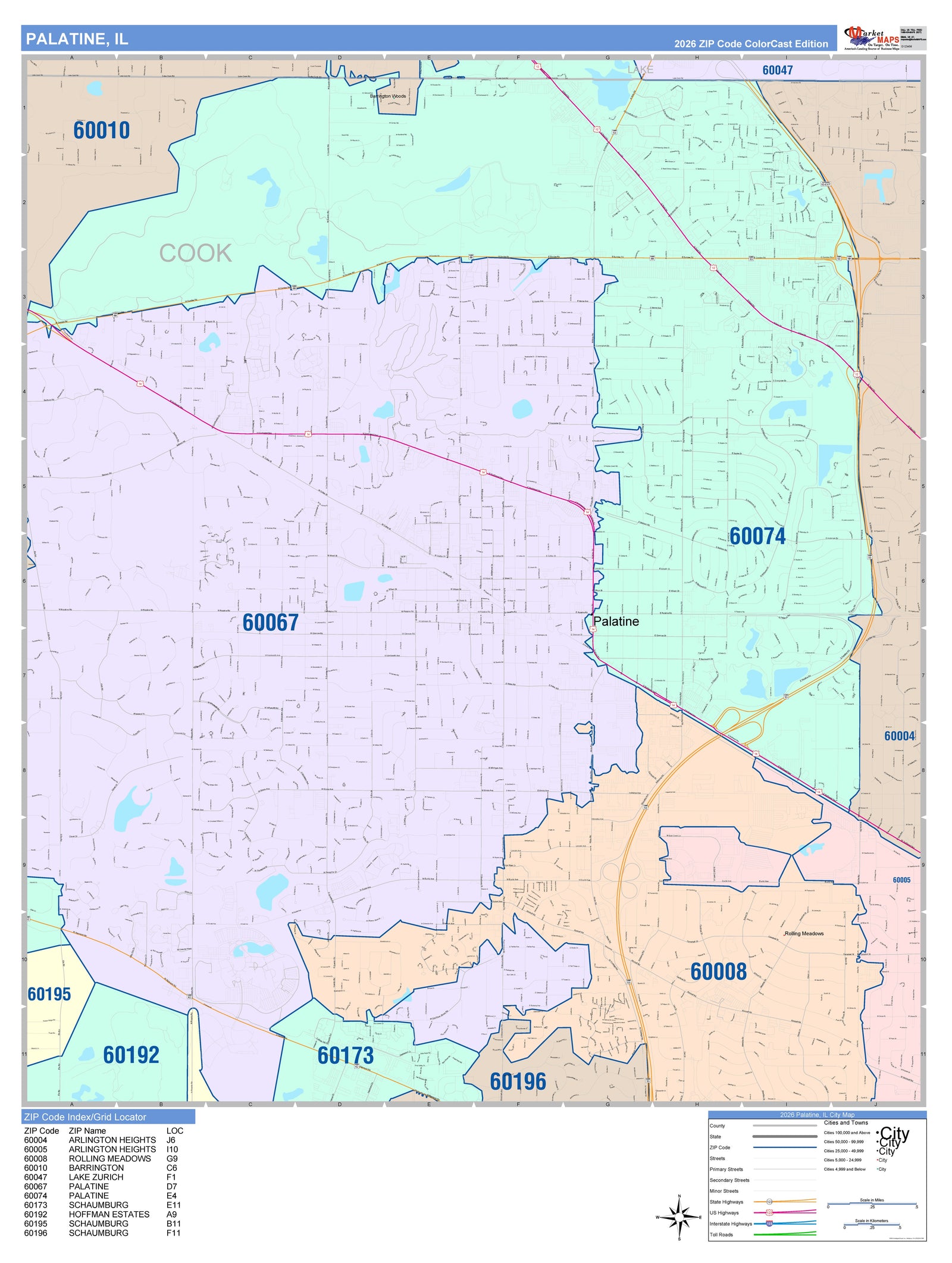 Color Cast Zip Code Style Wall Map of Palatine, IL