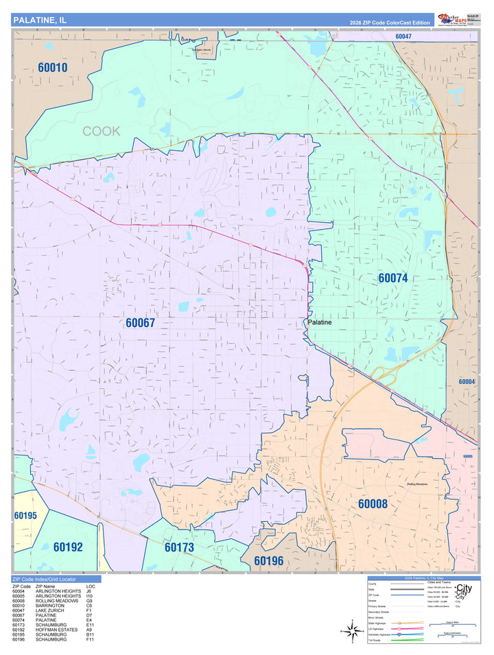 Color Cast Zip Code Style Wall Map of Palatine, IL