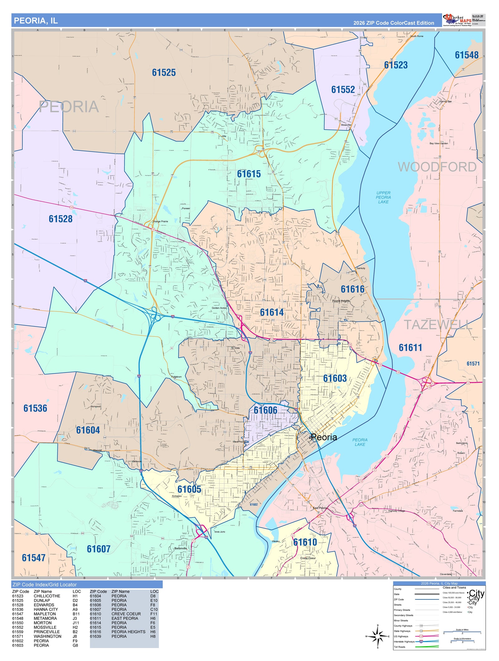 Color Cast Zip Code Style Wall Map of Peoria, IL