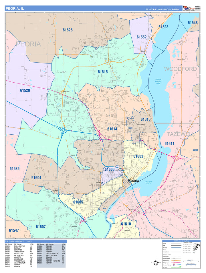Color Cast Zip Code Style Wall Map of Peoria, IL