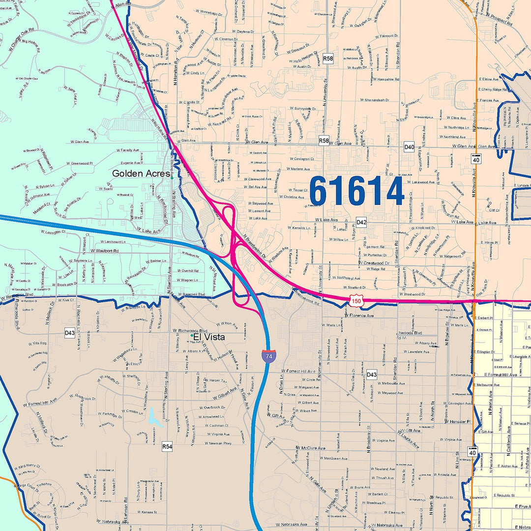 Color Cast Zip Code Style Wall Map of Peoria, IL