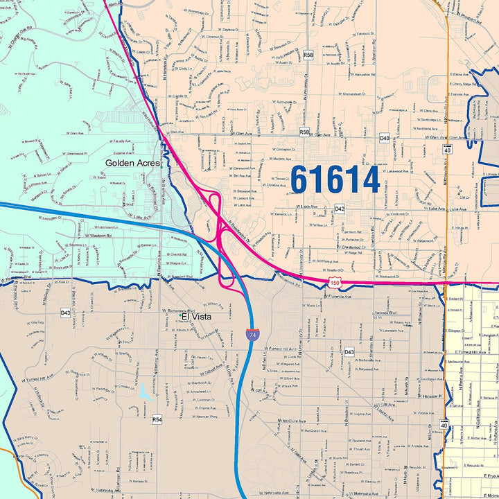 Color Cast Zip Code Style Wall Map of Peoria, IL