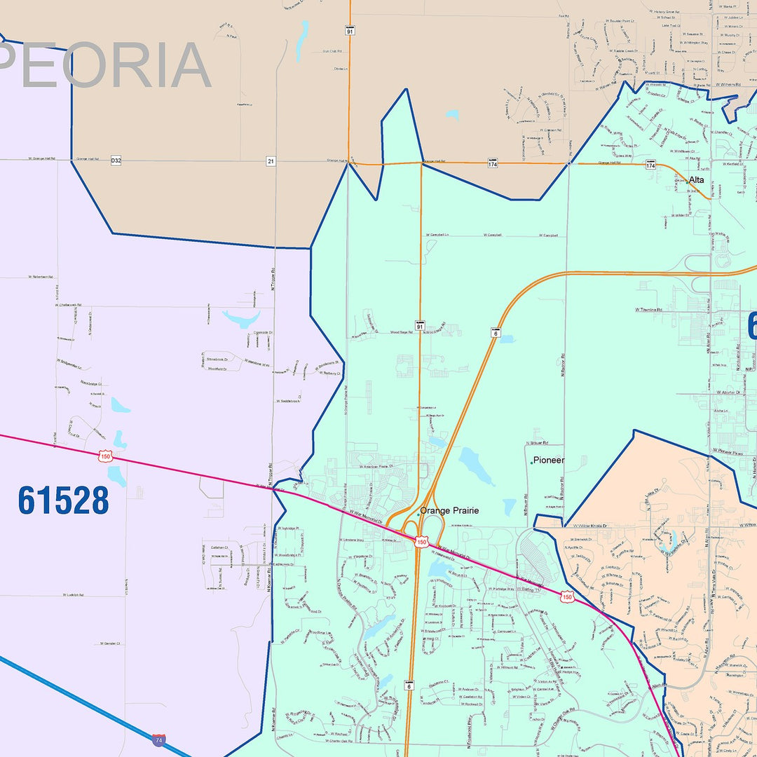 Color Cast Zip Code Style Wall Map of Peoria, IL
