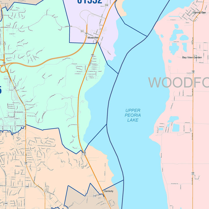 Color Cast Zip Code Style Wall Map of Peoria, IL
