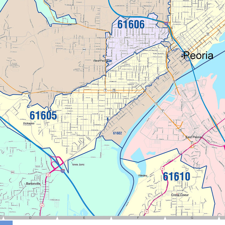 Color Cast Zip Code Style Wall Map of Peoria, IL