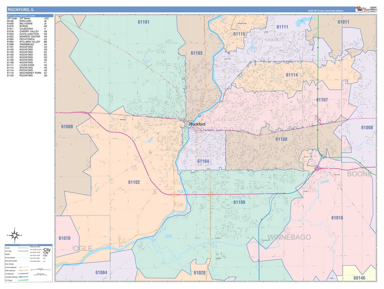 Color Cast Zip Code Style Wall Map of Rockford, IL