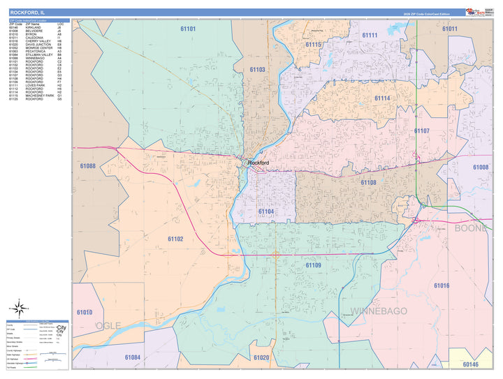 Color Cast Zip Code Style Wall Map of Rockford, IL