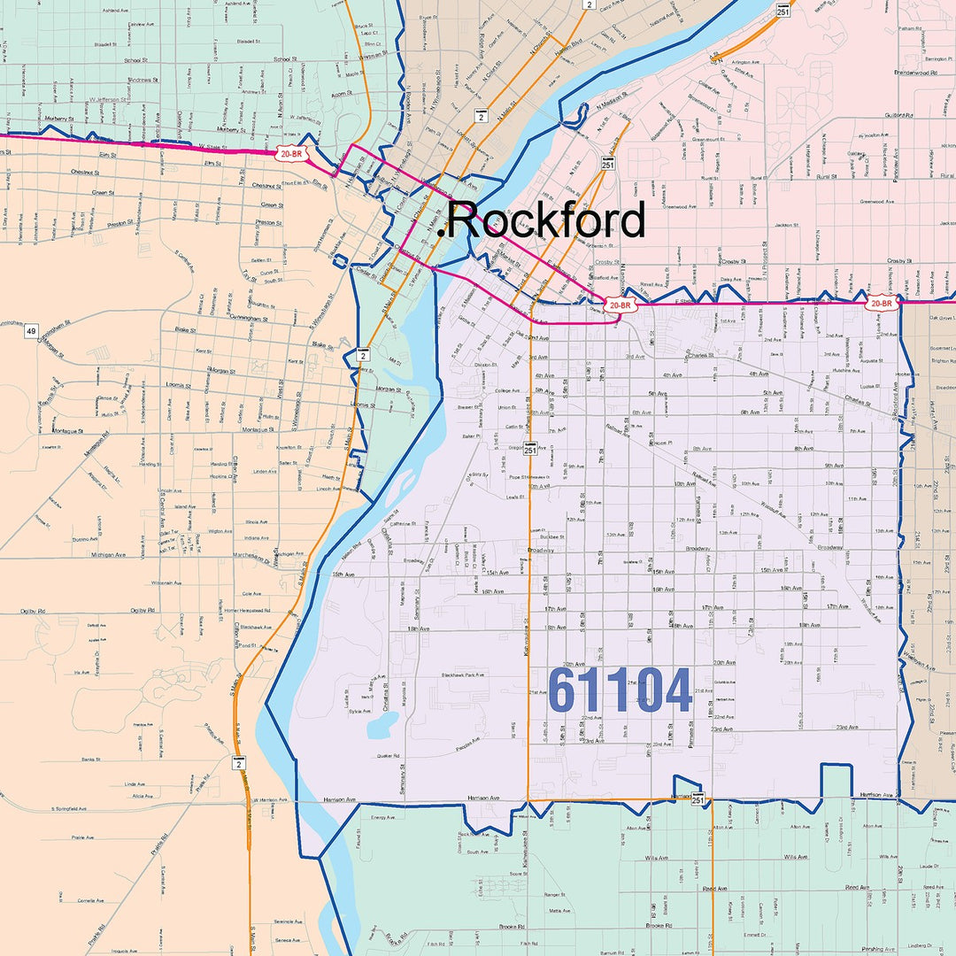 Color Cast Zip Code Style Wall Map of Rockford, IL