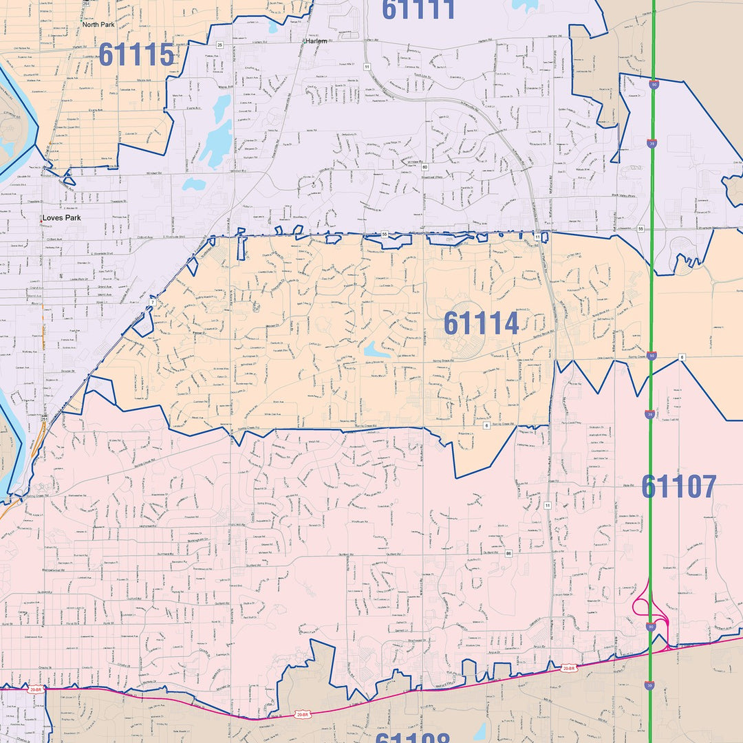 Color Cast Zip Code Style Wall Map of Rockford, IL
