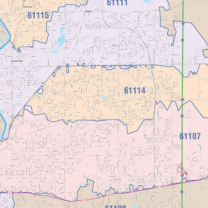 Color Cast Zip Code Style Wall Map of Rockford, IL