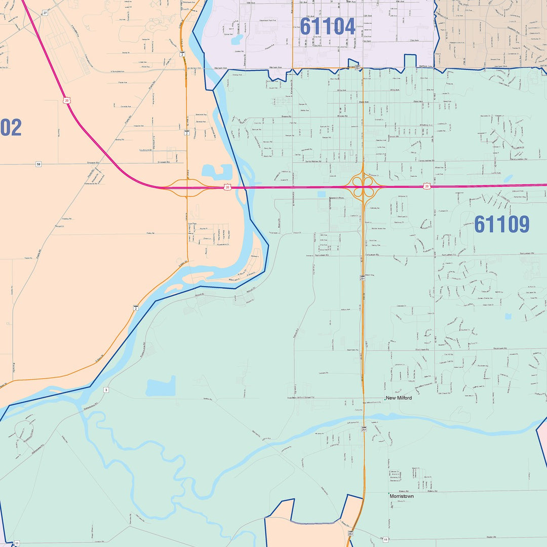 Color Cast Zip Code Style Wall Map of Rockford, IL