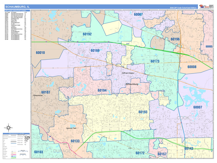 Color Cast Zip Code Style Wall Map of Schaumburg, IL