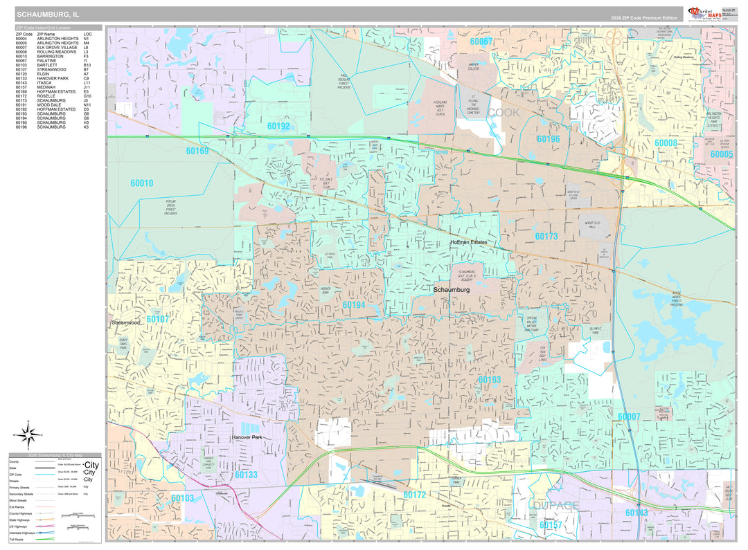 Premium Style Wall Map of Schaumburg, IL