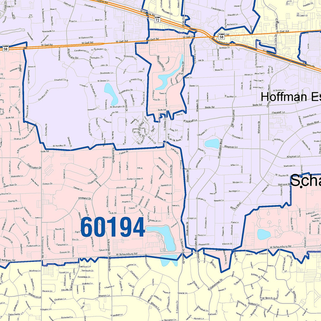 Color Cast Zip Code Style Wall Map of Schaumburg, IL