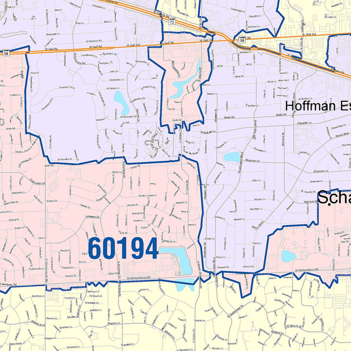 Color Cast Zip Code Style Wall Map of Schaumburg, IL