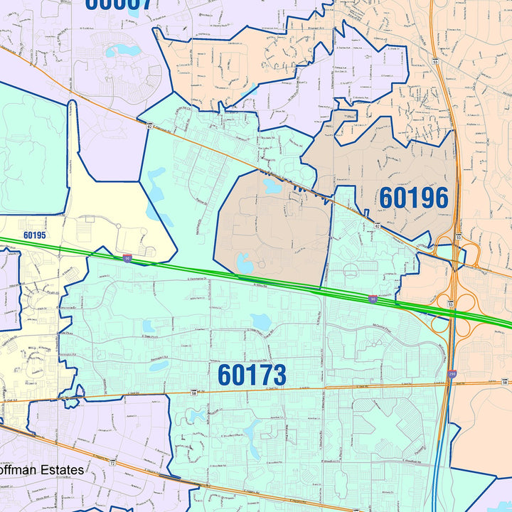 Color Cast Zip Code Style Wall Map of Schaumburg, IL