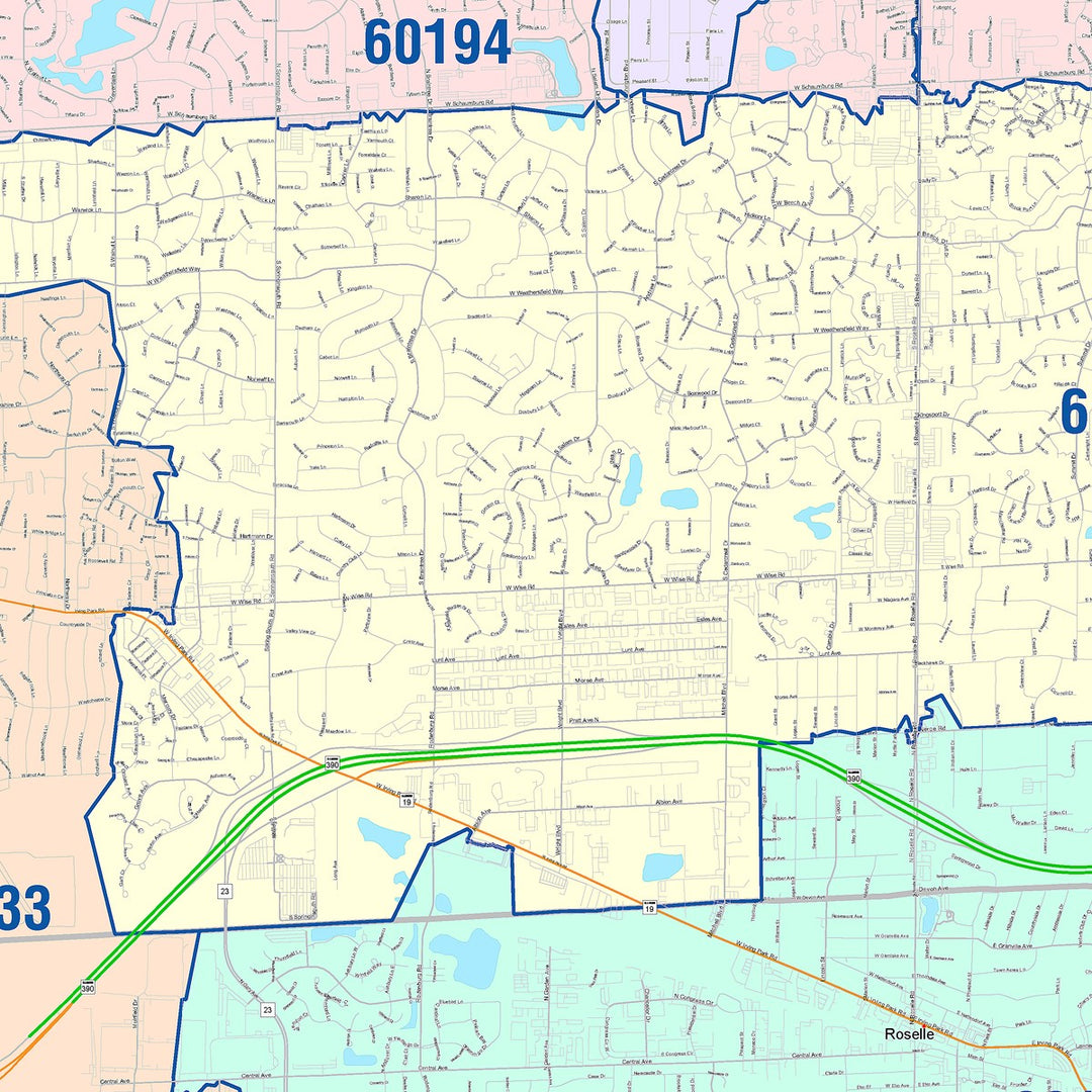 Color Cast Zip Code Style Wall Map of Schaumburg, IL