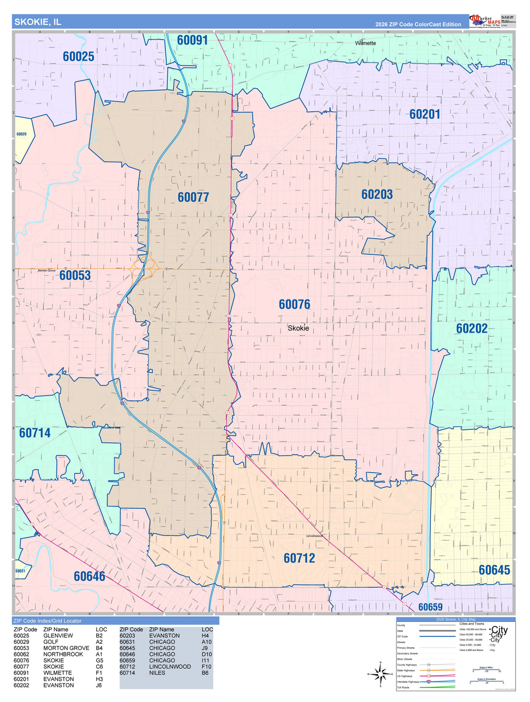 Color Cast Zip Code Style Wall Map of Skokie, IL