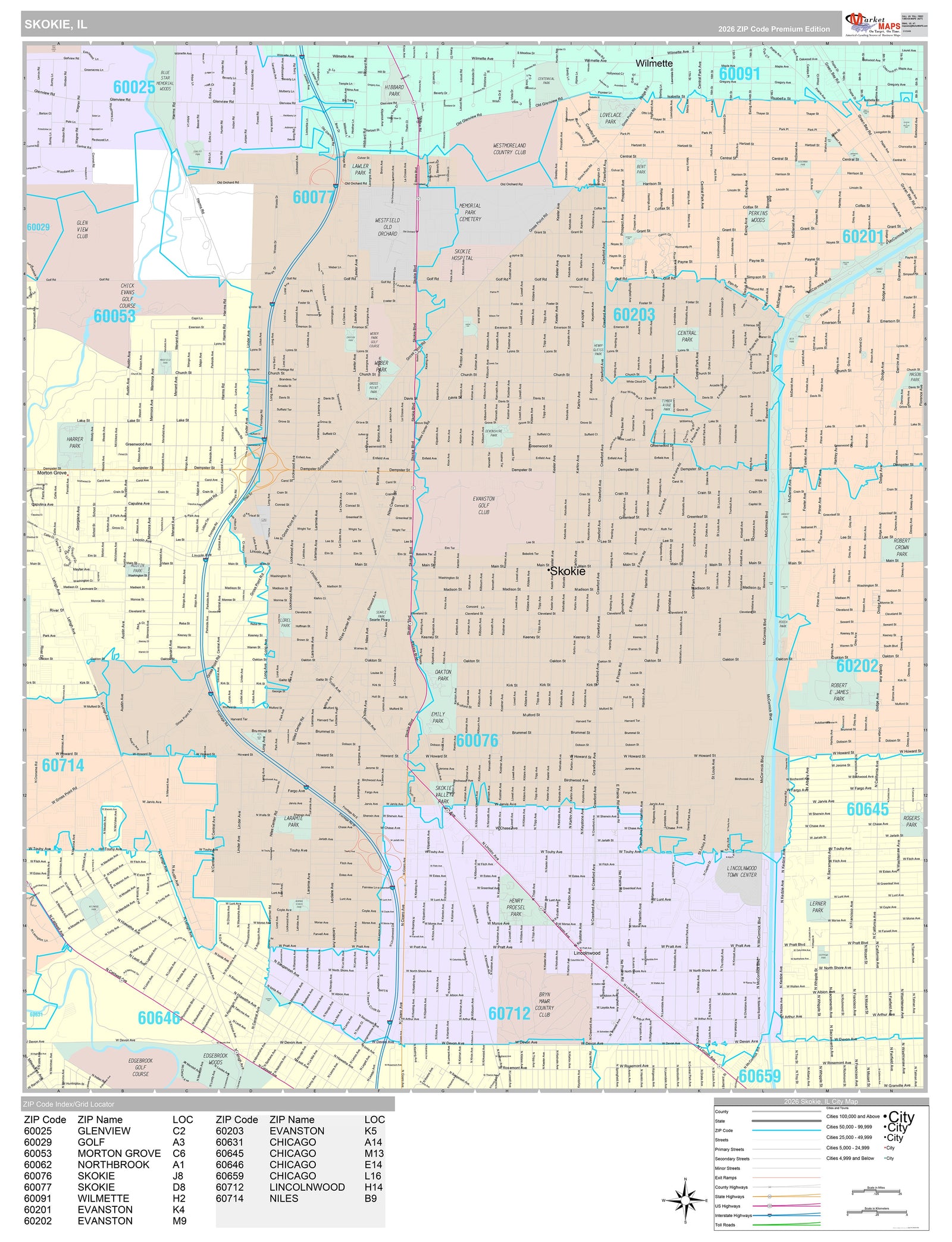 Premium Style Wall Map of Skokie, IL