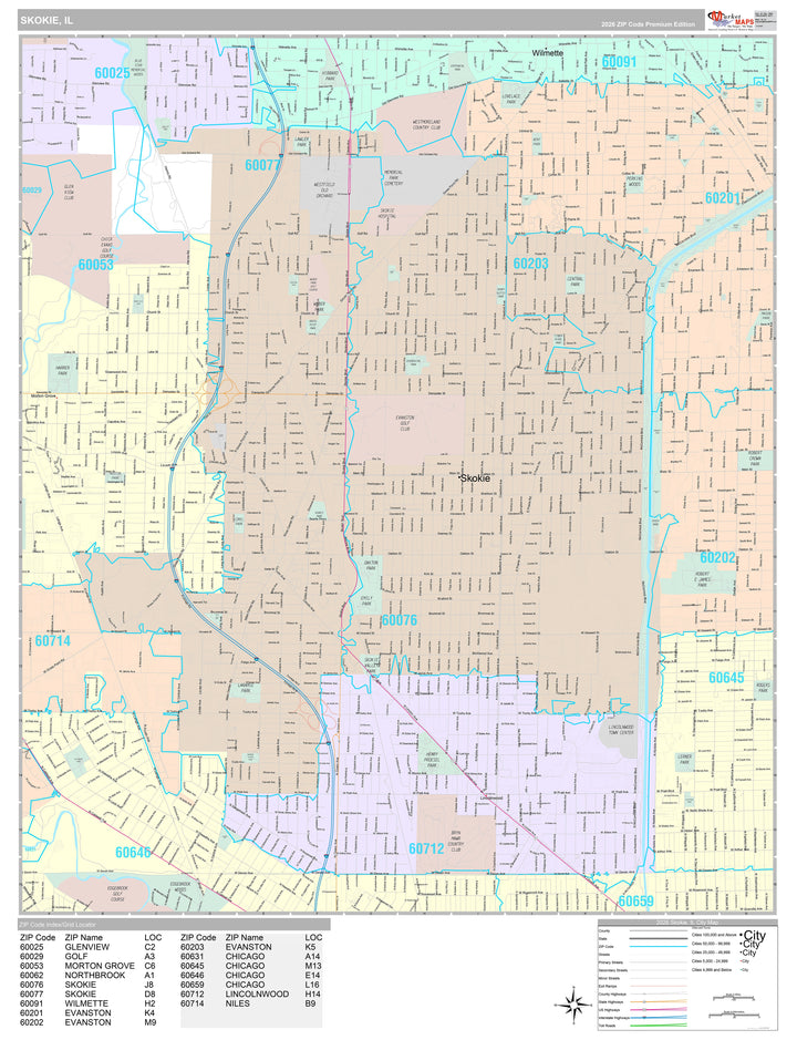 Premium Style Wall Map of Skokie, IL