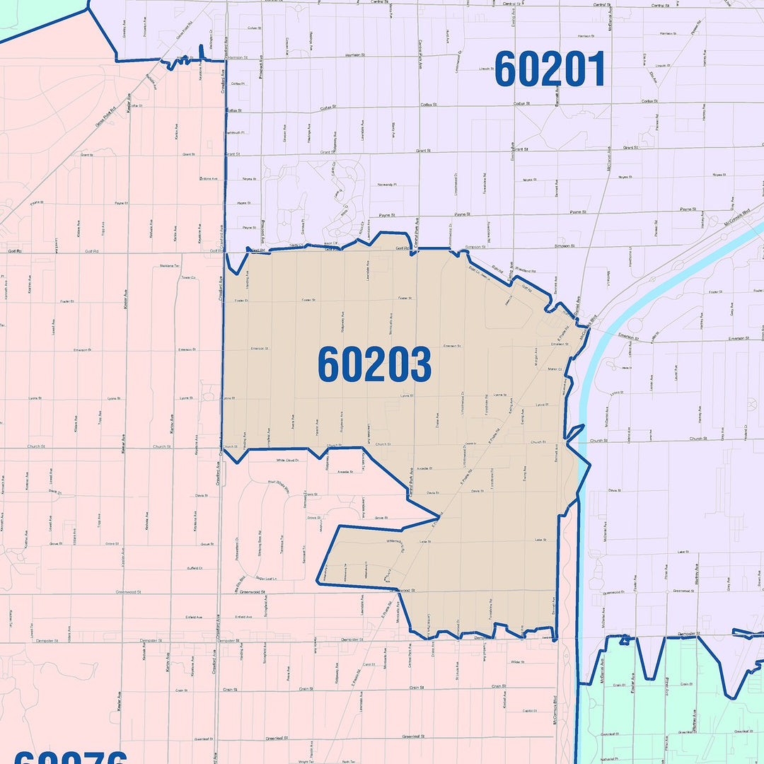 Color Cast Zip Code Style Wall Map of Skokie, IL