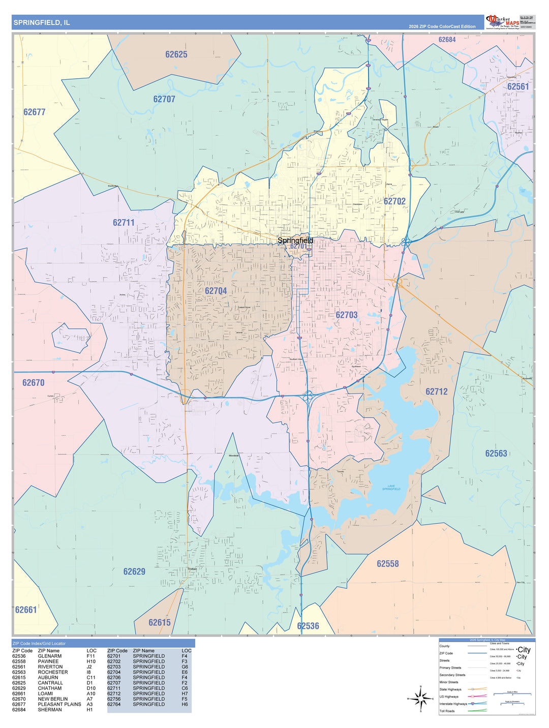 Color Cast Zip Code Style Wall Map of Springfield, IL
