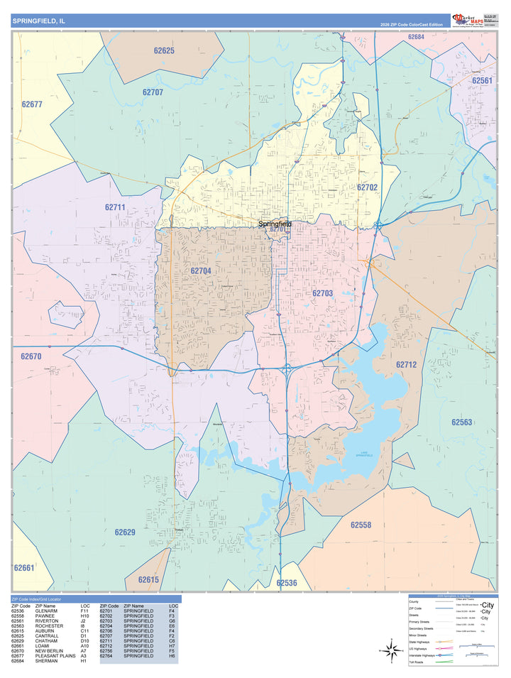Color Cast Zip Code Style Wall Map of Springfield, IL
