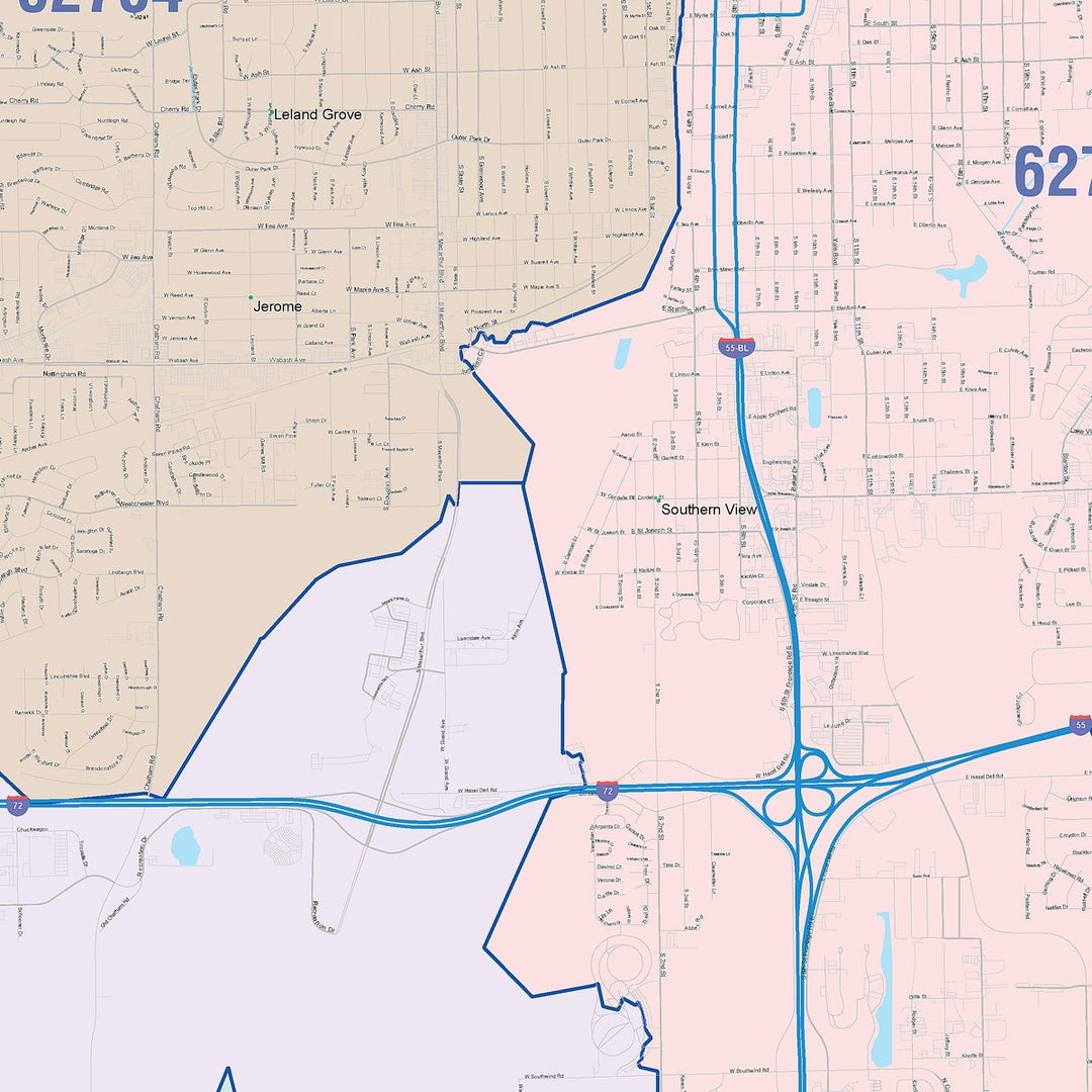 Color Cast Zip Code Style Wall Map of Springfield, IL