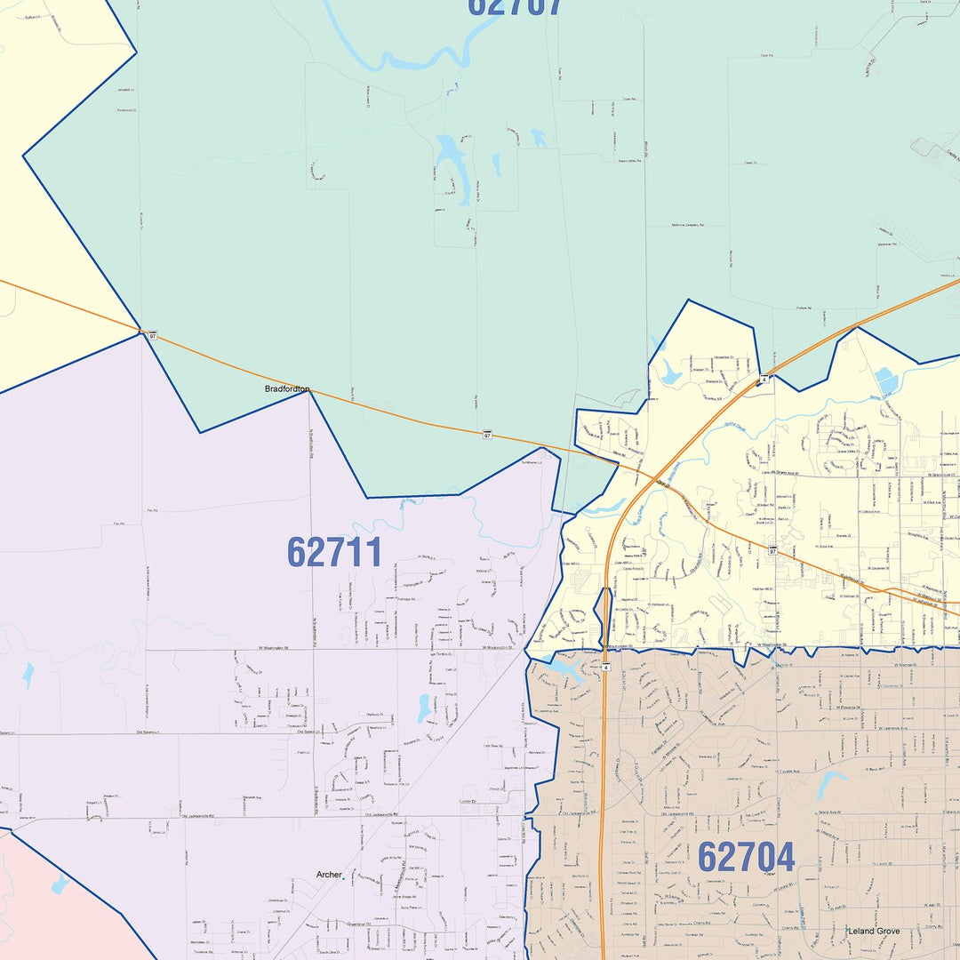 Color Cast Zip Code Style Wall Map of Springfield, IL