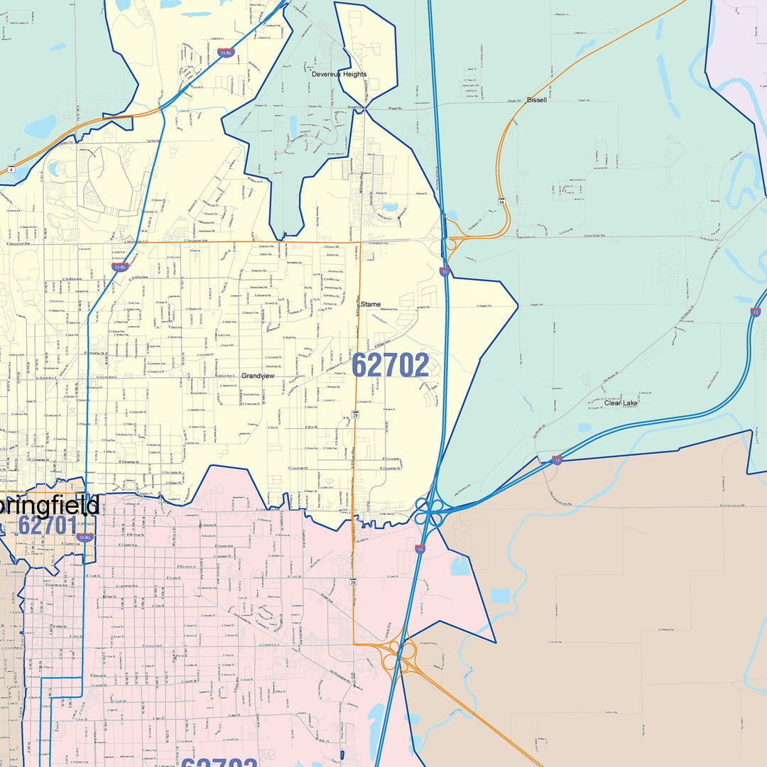 Color Cast Zip Code Style Wall Map of Springfield, IL