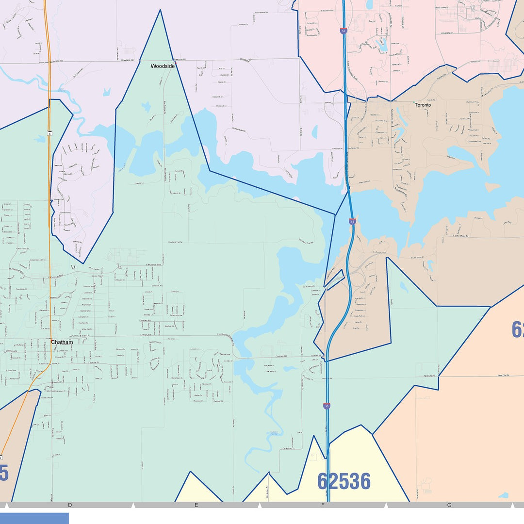 Color Cast Zip Code Style Wall Map of Springfield, IL
