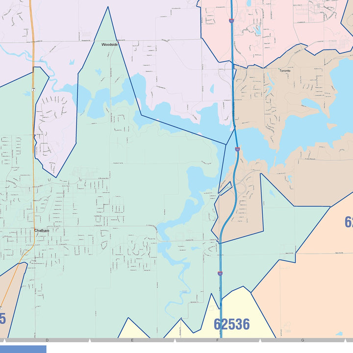 Color Cast Zip Code Style Wall Map of Springfield, IL