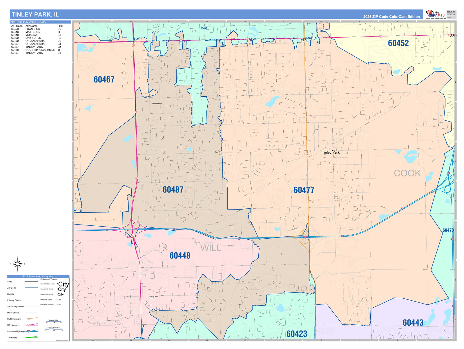 Color Cast Zip Code Style Wall Map of Tinley Park, IL