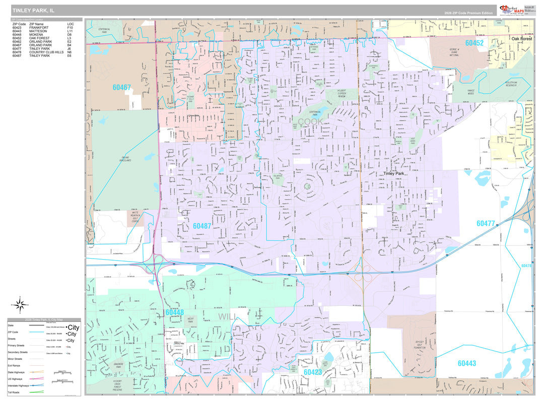 Premium Style Wall Map of Tinley Park, IL