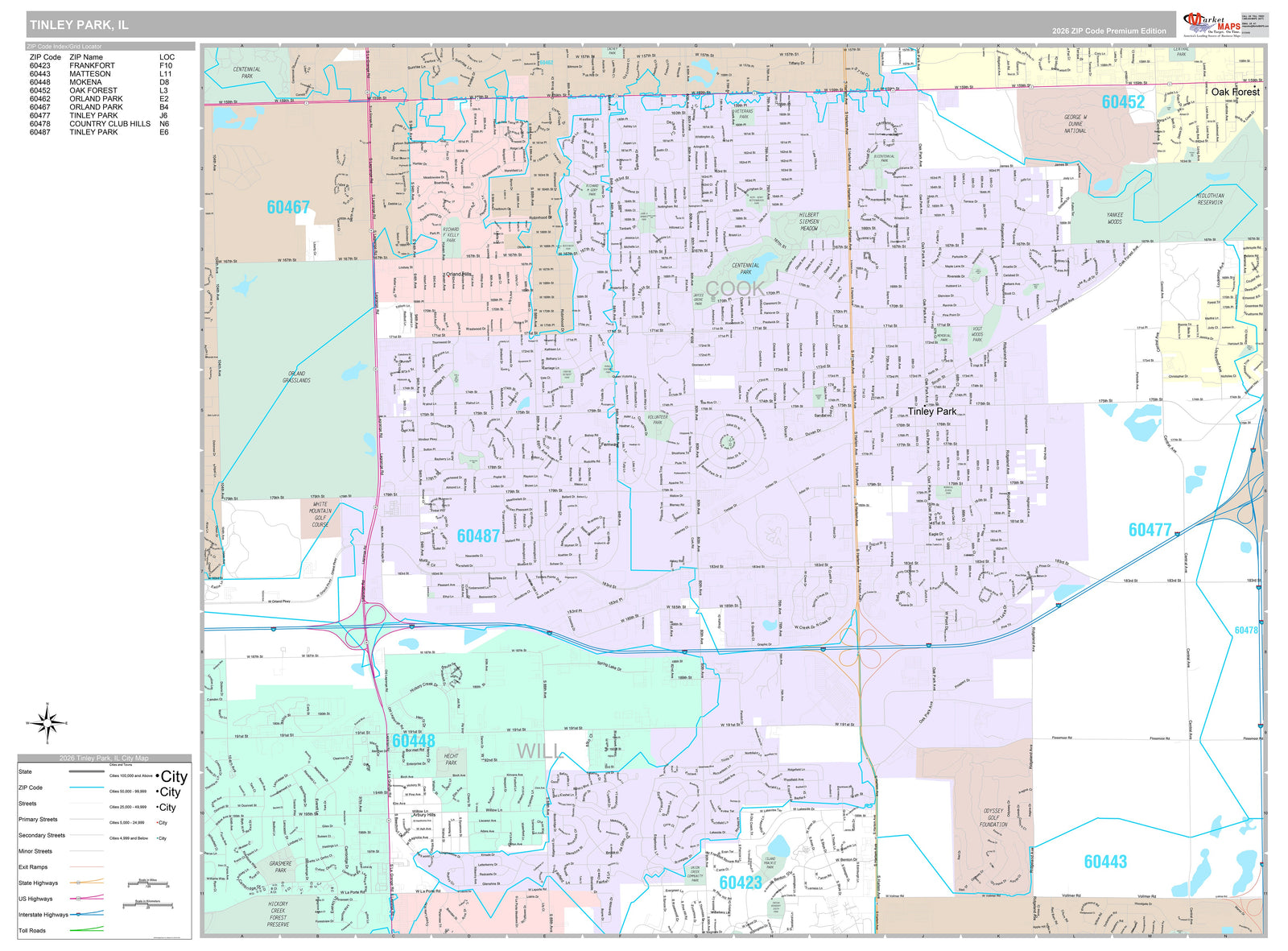 Premium Style Wall Map of Tinley Park, IL
