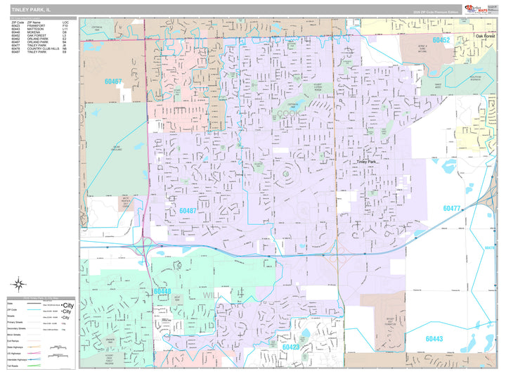 Premium Style Wall Map of Tinley Park, IL