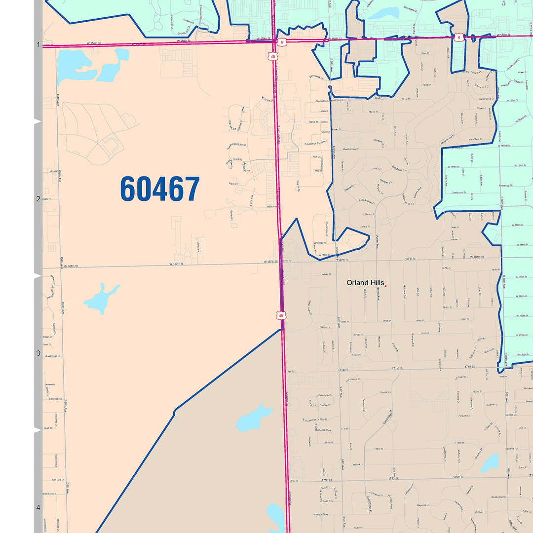 Color Cast Zip Code Style Wall Map of Tinley Park, IL