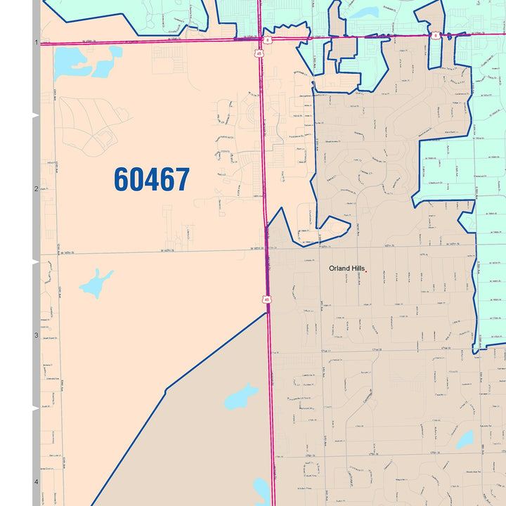 Color Cast Zip Code Style Wall Map of Tinley Park, IL